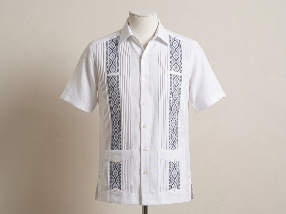 Camisa guayabera de lino blanco con alforzas y bordado artesanal