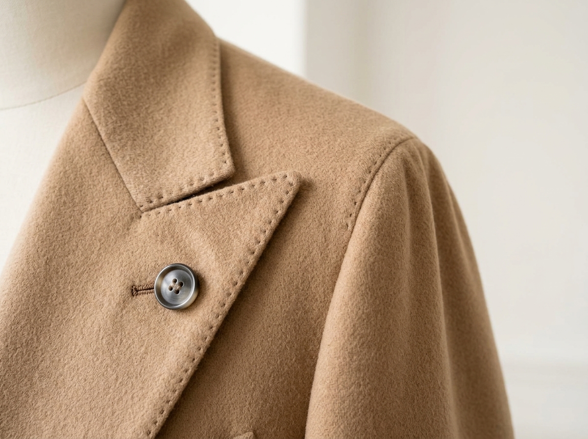 Detalle de hombro y solapa en cashmere camel con pespunte a mano